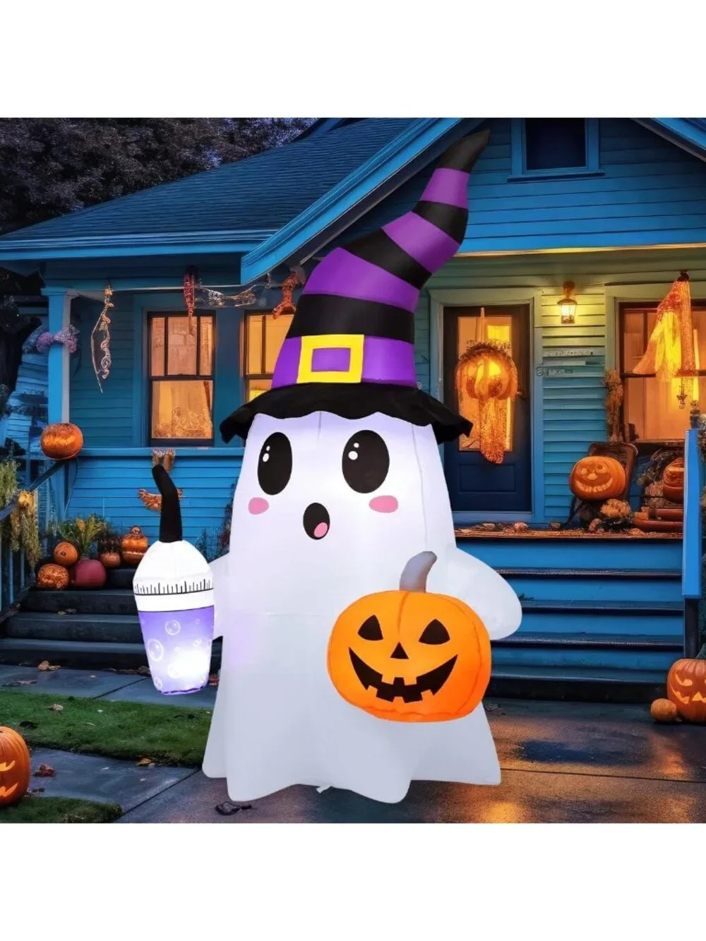 Cute Halloween Inflatable Ghosts with Magic Drinks & Pumpkin - LED Yard Decor